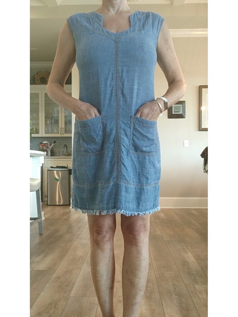 Trina Turk Blue Jean Dress Size Medium w/ Front Pockets and Multicolor Stitching